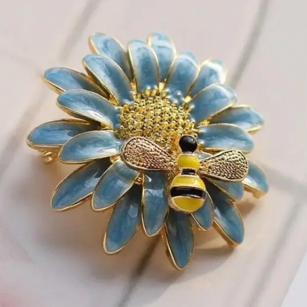Charming Blue and Gold Floral Brooch with Bee